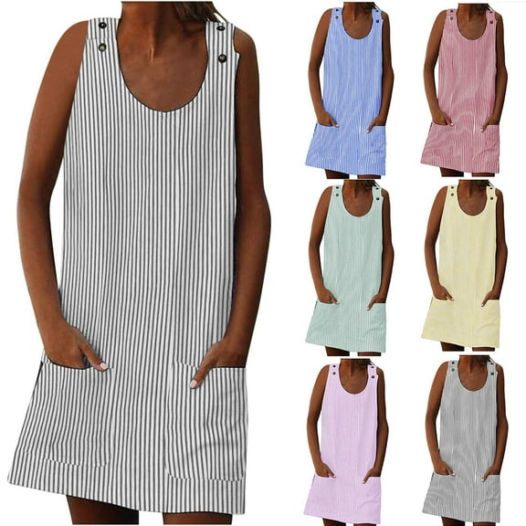 WIZUTIZ Womens Summer Dress Baggy Casual Relaxed Fit Mini Dress Striped Shift Dress Round Neck Sleeveless Pleated Dress for Lady with Pockets&Button Down Wrinkle-Free Anniversary Dress Blue