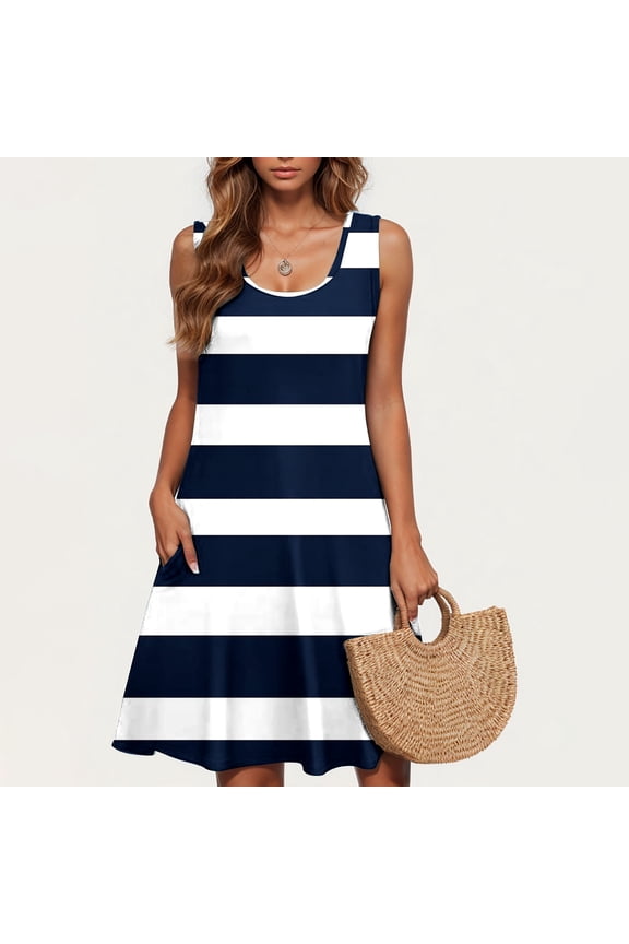 Womens Summer Dress Stylish Comfy A Line Dress Mini Dress Striped Peplum Dress U Neck Sleeveless Beach Dress for Womens with Pockets Wide Straps Linen Party Dress Blue