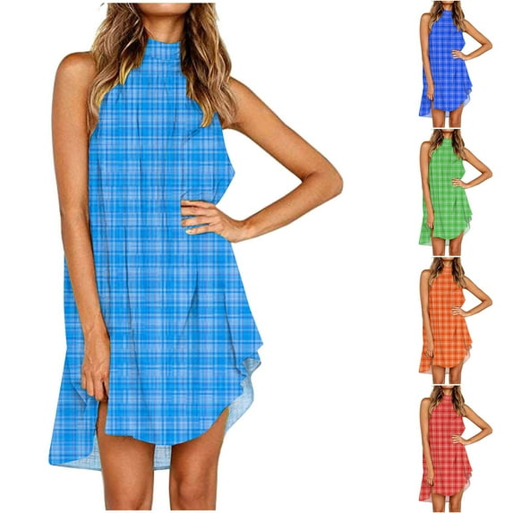 WIZUTIZ Womens Summer Dresses Casual Flowy Relaxed Fit Hanging Neck Knee-Length Plaid Tank Dress Round Neck Sleeveless Sun Dresses for Women's High-Low Pleated Plus Size Club Dress Orange