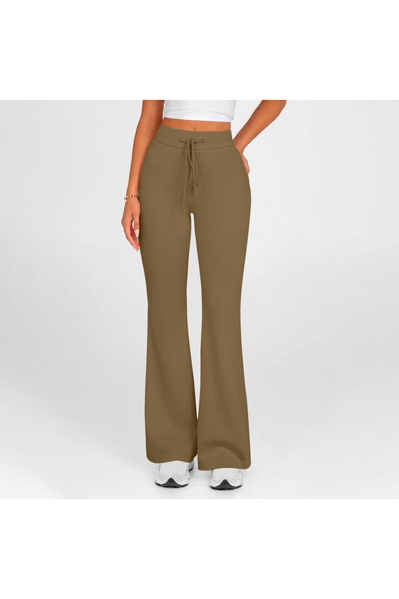 Womens Sweatpants Flared Drawstring Oversized Trendy Fitted Yoga Pants Spandex Elastic High Rise Full Length Leggings Solid Pants for Ladies Workout Vacation Brown