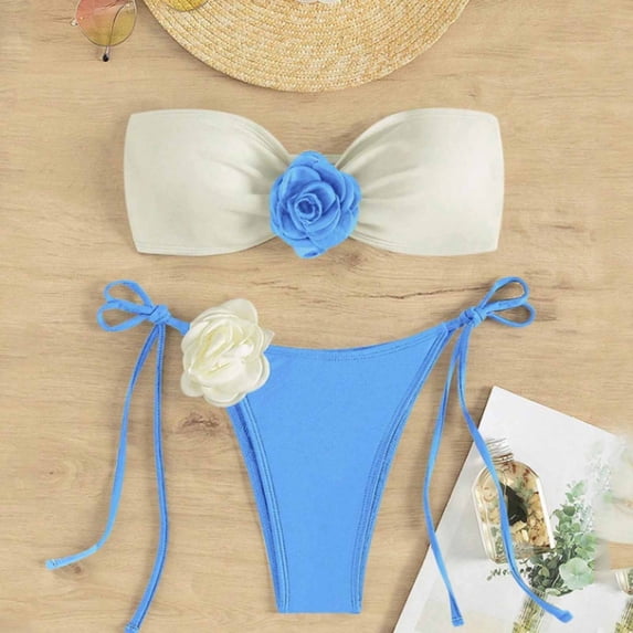 WIZUTIZ Womens Swimsuits Tankini Tube Bandeau Push Up Anti-Slip Swim Top with Tie Side Panties Rose Low Rise Underwear High Leg Thong Solid Swimsuits Sleeveless Swimsuits 2 Piece Beach Blue