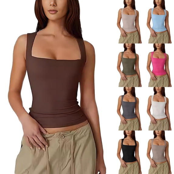 WIZUTIZ Womens Tank Tops Camisoles for Women Square Neck Slim Stretch Summer Workout Sleeveless Tops Ribbed T Shirts Side Split Camisoles Army Green L