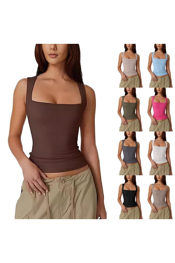 Womens Tank Tops Camisoles for Women Square Neck Slim Stretch Summer Workout Sleeveless Tops Ribbed T Shirts Side Split Camisoles Dark Gray S