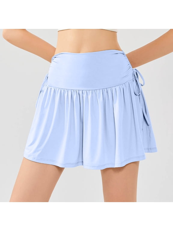 Womens Tennis Skirt Swim Breathable Stylish Slimming Flowy Skorts Pleated Spandex Elastic High Rise A Line Dress Built-In Shorts Skorts Solid Mini Dress for Teen Girls Swimming Pool Blue