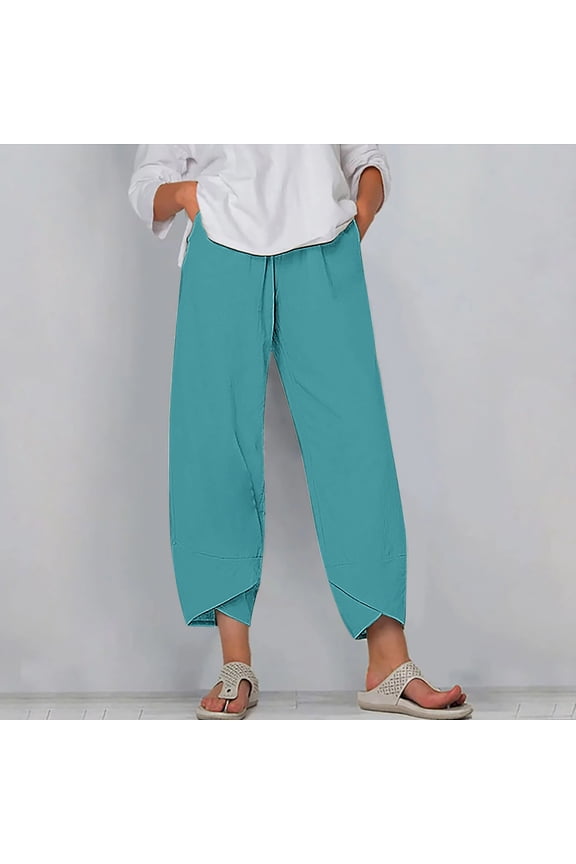 Womens Work Pants Breathable Trendy Baggy Wide Leg Sweatpants Elastic Stretch High Rise 7/8 Length Summer Pants Solid Asymmetrical Cropped Beach Pants for Teen Girls Office Beach Blue