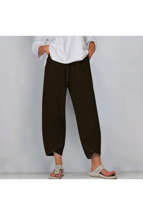 Womens Work Pants Comfy Casual Loose Wide Leg Pants Stretch Elastic High Rise 7/8 Length Trousers Solid Asymmetrical Cropped Sweatpants for Teen Girls Tiktok Trend Items Shopping Brown