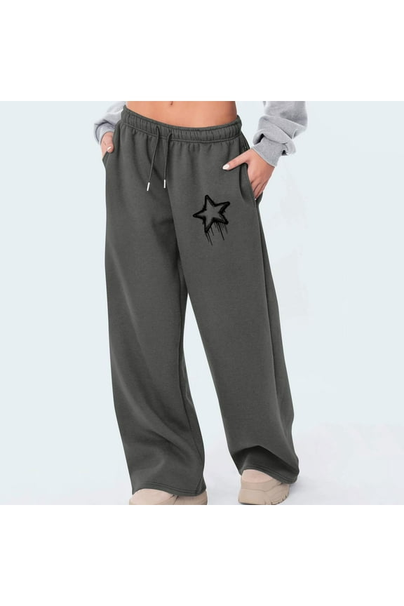 Womens Work Pants Lightweight Relaxed Relaxed Fit Wide Leg Palazzo Pants Spandex Elastic High Waist Slacks Pants Star Print Drawstring with Pockets Sweatpants for Ladies Cycling Club Gray