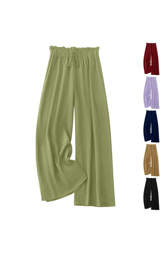 Womens Work Pants Lightweight Trendy Relaxed Fit Wide Leg Slacks Pants Elastic Stretch High Rise Summer Pants Solid Drawstring Paperbag Slacks Pants for Teen Girls Athletic Vacation Black
