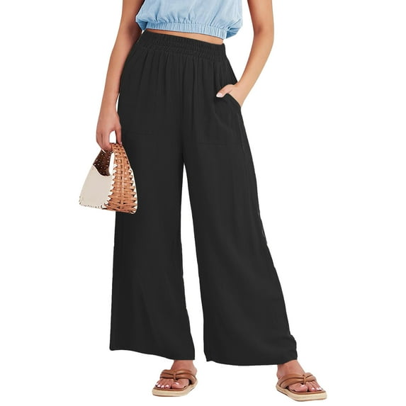 WIZUTIZ Womens Work Pants Thin Leisure Loose Wide Leg Summer Pants Elastic Stretch High Waist Full Length Summer Pants Solid with Pockets Beach Pants for Ladies Sports Party Black