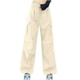 thumbnail image 1 of WIZUTIZ Womens Work Pants Thin Trendy Loose Wide Leg Trousers Elastic Stretch High Rise 7/8 Length Trousers Solid Drawstring Cargo Pants with Pockets Trousers for Teen Girls Business Vacation Beige, 1 of 6