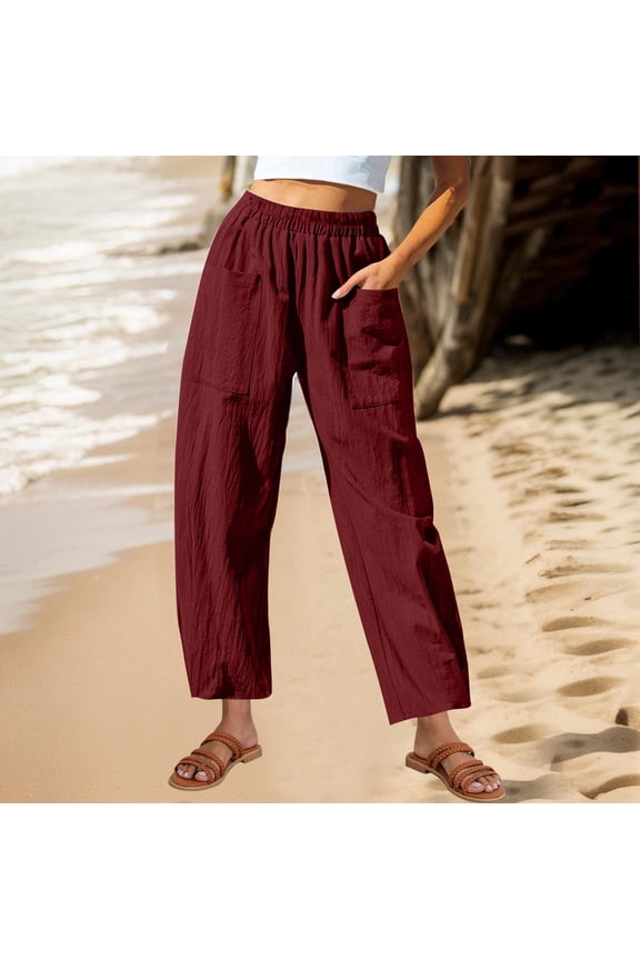 Womens Work Pants Ultra Thin Casual Loose Wide Leg Trousers Stretch Elastic High Rise Full Length Palazzo Pants Solid with Pockets Straight Leg Palazzo Pants for Ladies Gym Travel Red