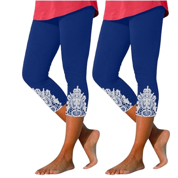 WIZUTIZ Womens Workout Leggings Capri Lightweight Leisure Skinny Lace Trim Yoga Pants Elastic Spandex High Waist 2PC Pants Solid Cropped Pants for Teen Girls Workout Graduation Blue