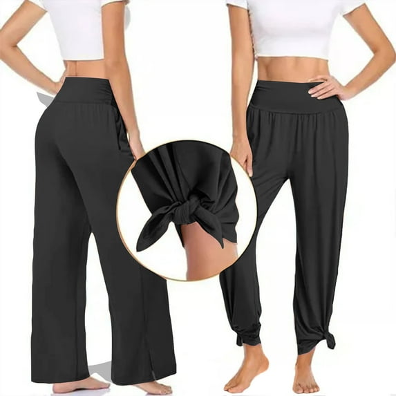 WIZUTIZ Womens Workout Leggings Lightweight Leisure Slim Side Slit with Pockets Yoga Pants Elastic Spandex High Rise Full Length Sweatpants Solid Pants for Ladies Hiking Travel Black