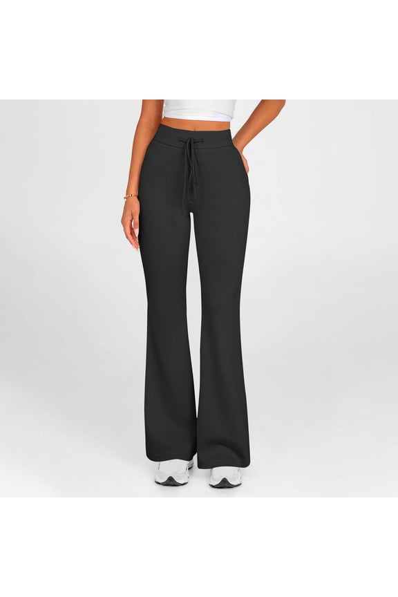 Womens Yoga Leggings Flared Drawstring Soft Leisure Slimming Yoga Pants Spandex Elastic High Rise Full Length Sweatpants Solid Pants for Lady Athletic Travel Black