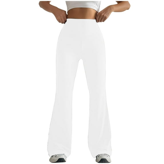 WIZUTIZ Womens Yoga Pants Soft Leisure Skinny Flared Yoga Pants Stretch Elastic High Waist Full Length Pants Solid Sweatpants for Lady Activewear Party White
