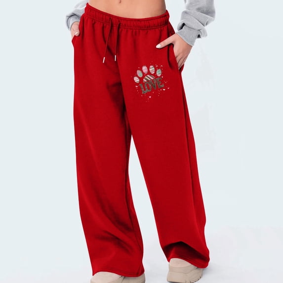 WIZUTIZ Work Pants for Women Breathable Casual Relaxed Fit Wide Leg Summer Pants Elastic Spandex High Rise Pants Heart Print Drawstring with Pockets Dress Pants for Ladies Cycling Outdoor Red