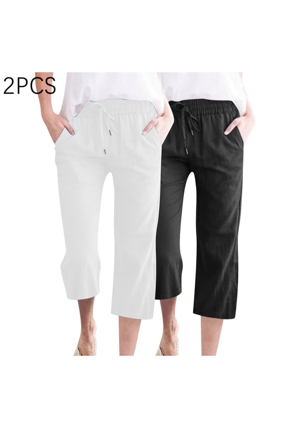 Work Pants Women Capris Comfy Leisure Loose Wide Leg Trousers Elastic Stretch Mid Rise Palazzo Pants Solid Drawstring with Pockets Cropped pants for Ladies Tiktok Trend Items Birthday White