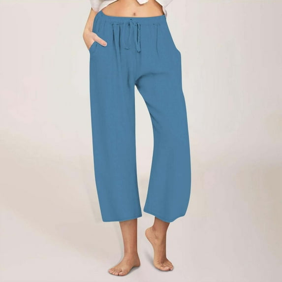 WIZUTIZ Work Pants Women Capris Plain Leisure Relaxed Fit Wide Leg Slacks Pants Elastic Stretch Mid Rise Sweatpants Solid Drawstring Straight Leg with Pockets Summer Pants Fitness Beach Blue