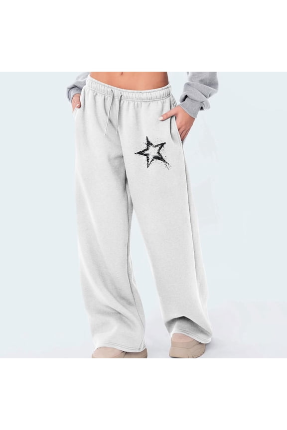 Work Pants Women Oversized Casual Baggy Wide Leg Palazzo Pants Stretch Elastic High Rise Palazzo Pants Star Print Drawstring with Pockets Slacks Pants Tiktok Trend Items Party White