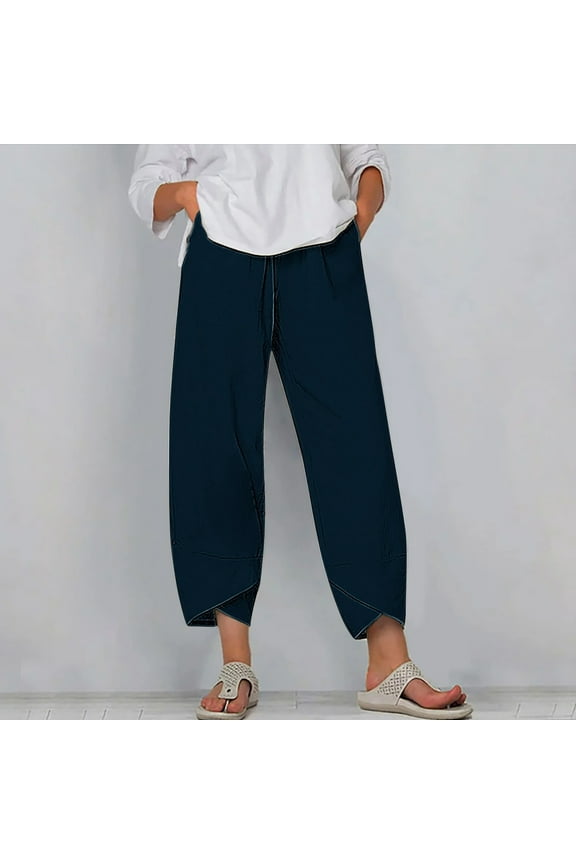 Work Pants Women Oversized Leisure Baggy Wide Leg Palazzo Pants Elastic Stretch High Rise Full Length Summer Pants Solid Asymmetrical Cropped Summer Pants for Ladies Fitness Vacation Blue