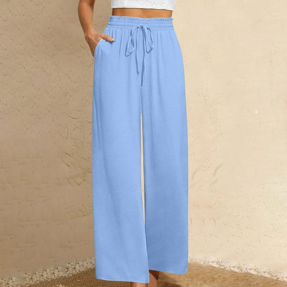 WIZUTIZ Work Pants Women Soft Leisure Baggy Wide Leg Dress Pants Spandex Elastic High Waist 7/8 Length Sweatpants Solid Drawstring with Pockets Summer Pants for Lady Fitness Outdoor Blue