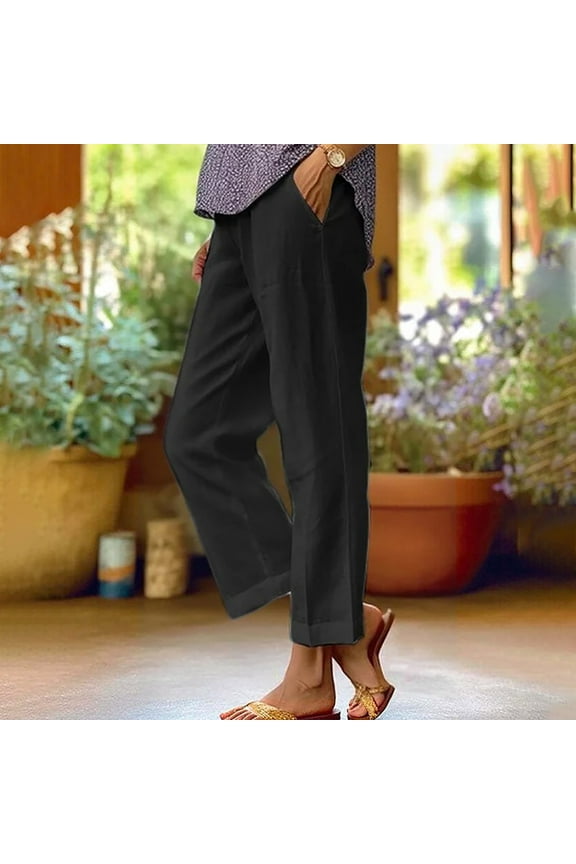 Work Pants Women Soft Leisure Loose Wide Leg Slacks Pants Stretch Elastic High Rise 7/8 Length Pants Solid Straight Leg with Pockets Dress Pants for Teen Girls Sports Club Black