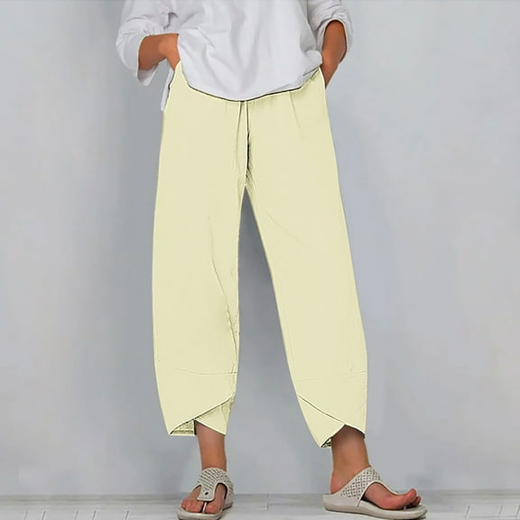 WIZUTIZ Work Pants Women Thin Leisure Relaxed Fit Wide Leg Pants Elastic Spandex High Waist Full Length Summer Pants Solid Asymmetrical Cropped Sweatpants for Lady Workout Vacation Beige