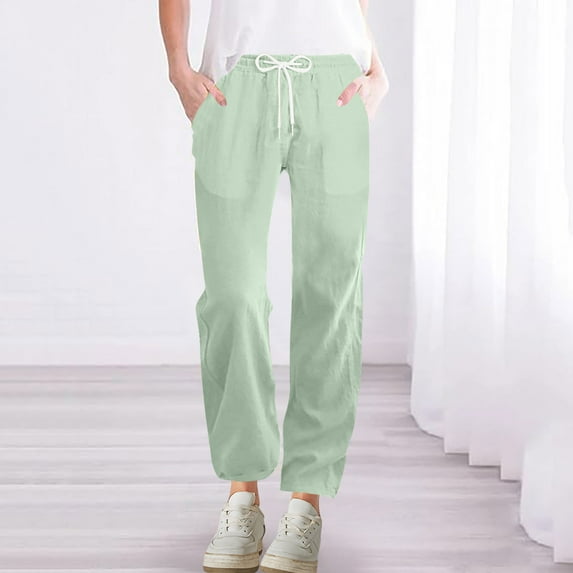 WIZUTIZ Work Pants Women Thin Stylish Loose Wide Leg Beach Pants Elastic Spandex High Waist Full Length Trousers Solid Drawstring with Pockets Straight Leg Slacks Pants for Lady Business Travel Green