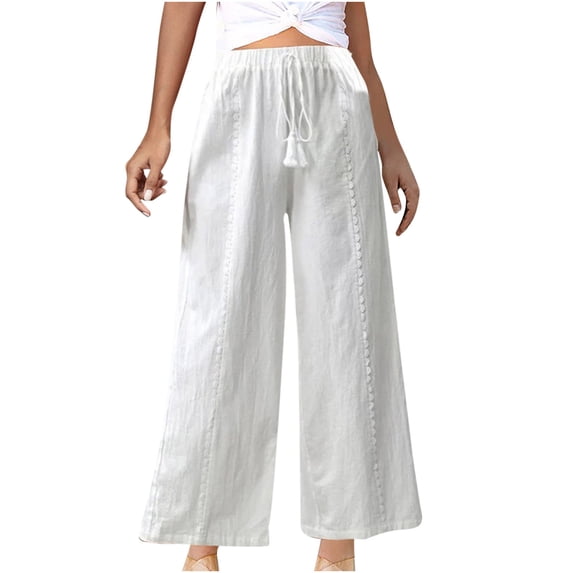 WIZUTIZ Work Pants Women Thin Stylish Loose Wide Leg Summer Pants Elastic Spandex High Waist Dress Pants Solid Straight Leg Drawstring Ruffled Dress Pants for Teen Girls Business Travel White