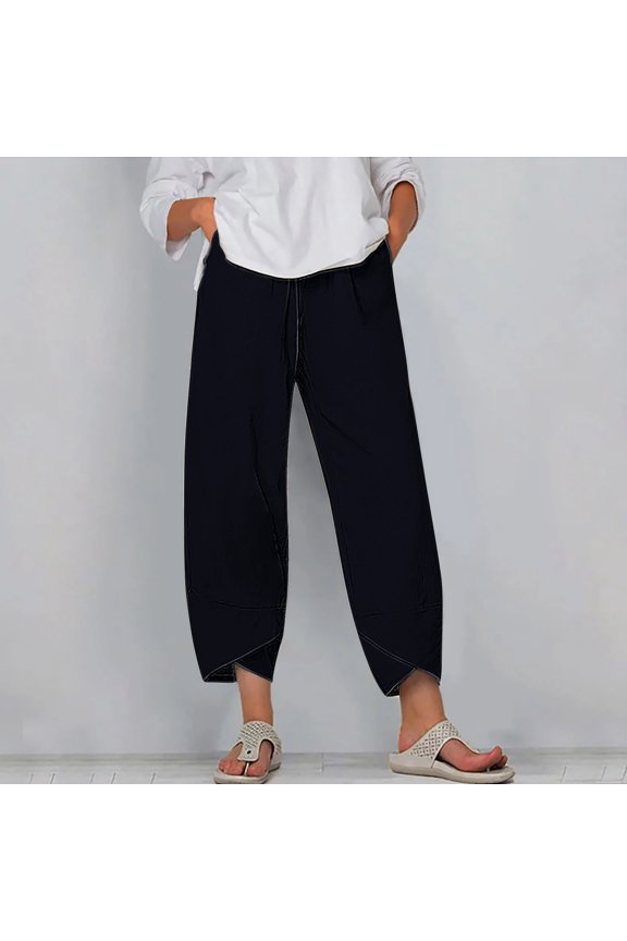 Work Pants Women Thin Trendy Loose Wide Leg Trousers Elastic Stretch High Rise 7/8 Length Summer Pants Solid Asymmetrical Cropped Beach Pants for Teen Girls Tiktok Trend Items Shopping Blue