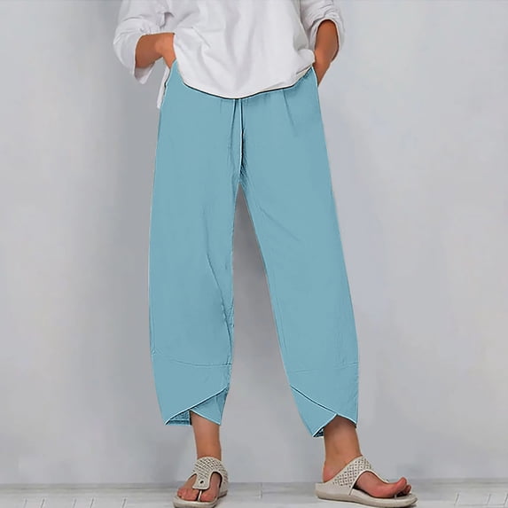 WIZUTIZ Work Pants Women Ultra Thin Relaxed Loose Wide Leg Summer Pants Elastic Spandex High Rise 7/8 Length Slacks Pants Solid Asymmetrical Cropped Slacks Pants for Lady Workout Outdoor Blue