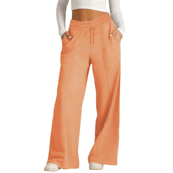 WIZUTIZ Work Pants Women Vintage Casual Baggy Wide Leg Palazzo Pants Elastic Spandex High Waist 7/8 Length Summer Pants Solid Drawstring with Pockets Sweatpants for Ladies Cycling Birthday Orange