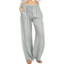 WIZUTIZ Work Pants Women Vintage Stylish Baggy Wide Leg Sweatpants Spandex Elastic High Waist Full Length Trousers Solid Drawstring with Pockets Summer Pants for Teen Girls Cycling Graduation Gray