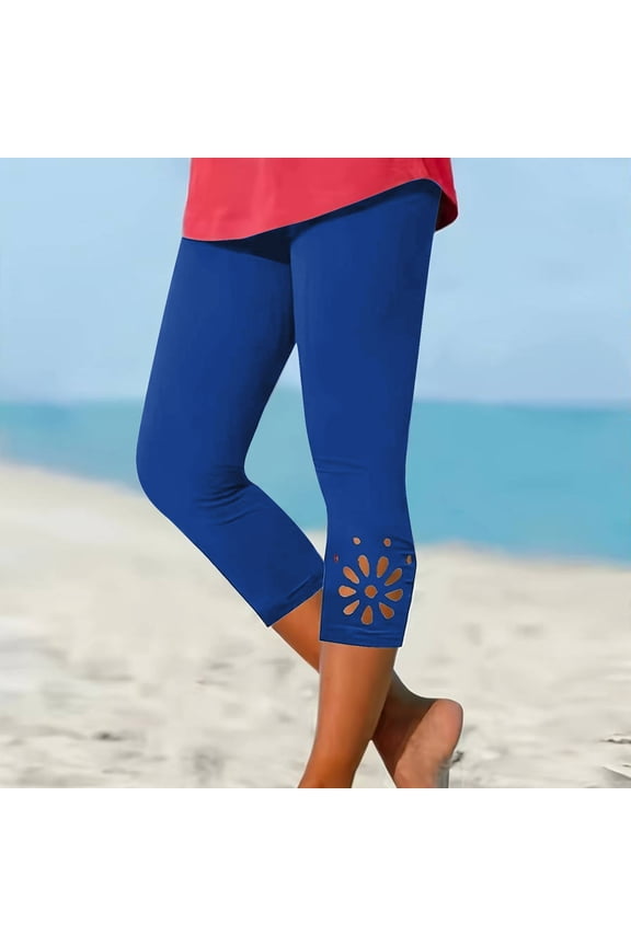 Workout Leggings for Women Capri Breathable Casual Slimming Hollow Out Yoga Sweatpants Spandex Elastic Mid Rise 3/4 Length Sweatpants Solid Sweatpants for Lady Joggers Shopping Blue