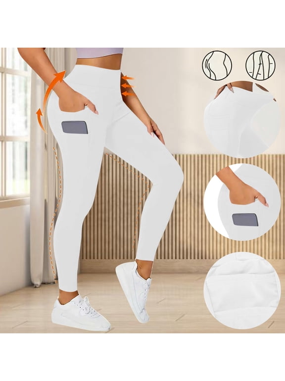 Workout Leggings for Women Plus Size Leisure Skinny with Pockets Yoga Pants Elastic Stretch High Rise Full Length Leggings Solid Leggings for Ladies Yoga Swimming Pool White