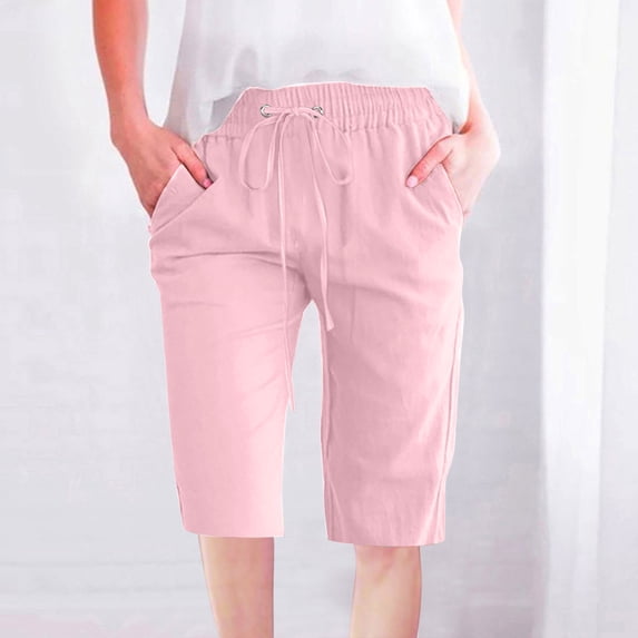 WIZUTIZ Workout Shorts Women Straight Casual Sports Fitted Shorts High Waist Solid Shorts Knee-Length with Pockets Drawstring Trousers for Ladies Stretchy Outdoor Pink Linen