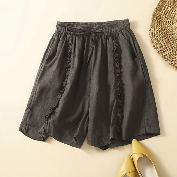 WIZUTIZ Workout Shorts for Women Wide Leg Casual Sports Loose Shorts High Rise Solid Shorts Knee-Length with Pockets Drawstring Ruffled Trousers for Ladies Elastic Travel Black Linen