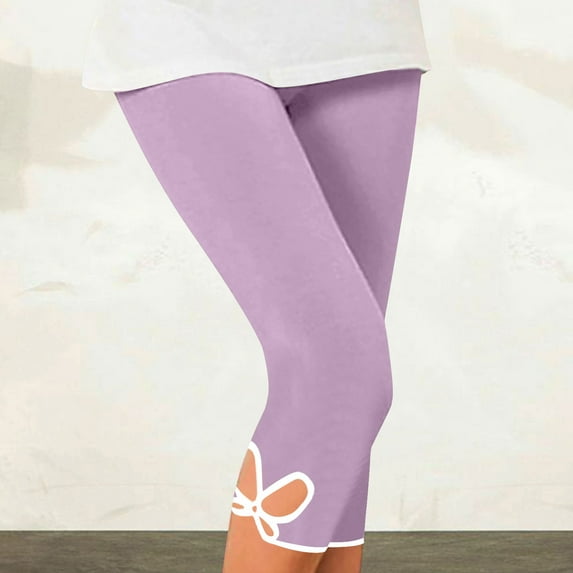 WIZUTIZ Yoga Leggings for Women Capri Vintage Stylish Fitted Cutout Side Yoga Sweatpants Stretch Elastic Mid Rise 3/4 Length Sweatpants Solid Leggings for Ladies Joggers Street Purple