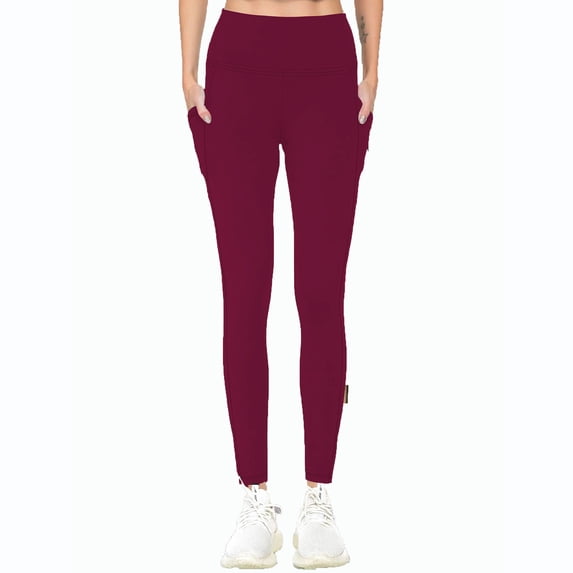 WIZUTIZ Yoga Leggings for Women with Pockets Comfy Casual Slim Yoga Leggings Elastic Spandex High Rise 7/8 Length Pants Solid Trousers for Teen Girls Yoga Vacation Red