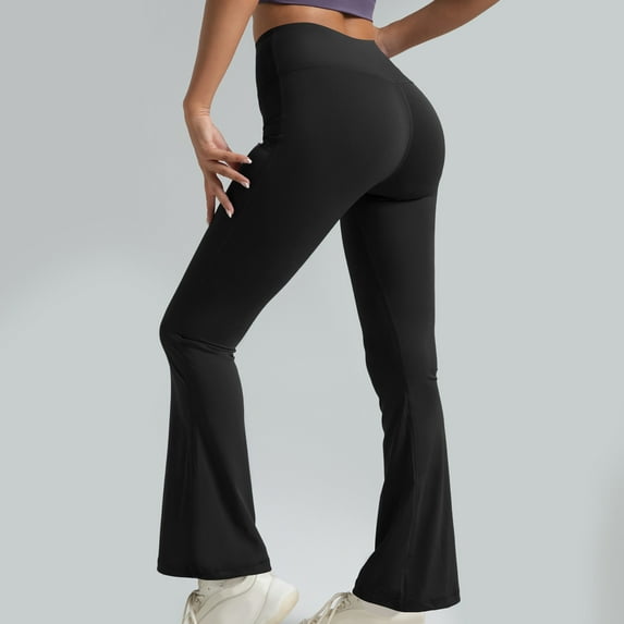 WIZUTIZ Yoga Pants Women Flared Vintage Stylish Slimming Yoga Leggings Spandex Elastic High Rise Full Length Leggings Solid Trousers for Lady Hiking Shopping Black