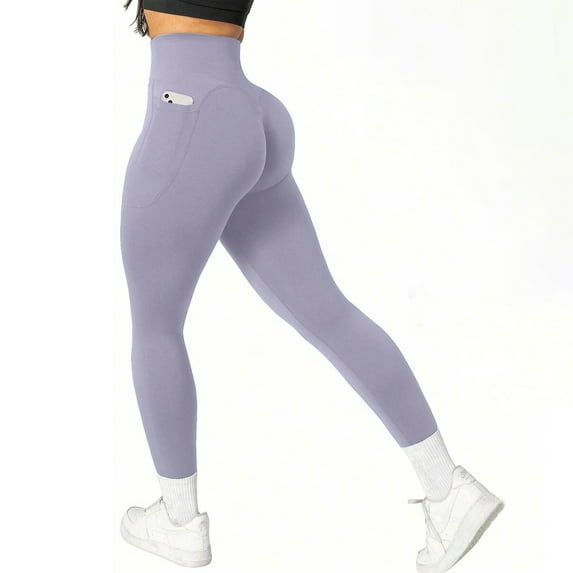 WIZUTIZ Yoga Pants Women with Pockets Plain Trendy Slimming Yoga Pants Elastic Stretch High Waist Full Length Trousers Solid Leggings for Teen Girls Fitness Work Purple