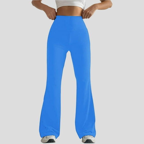 WIZUTIZ Yoga Pants Women Ultra Thin Relaxed Skinny Flared Yoga Pants Spandex Elastic High Waist 7/8 Length Trousers Solid Trousers for Teen Girls Athletic Vacation Blue