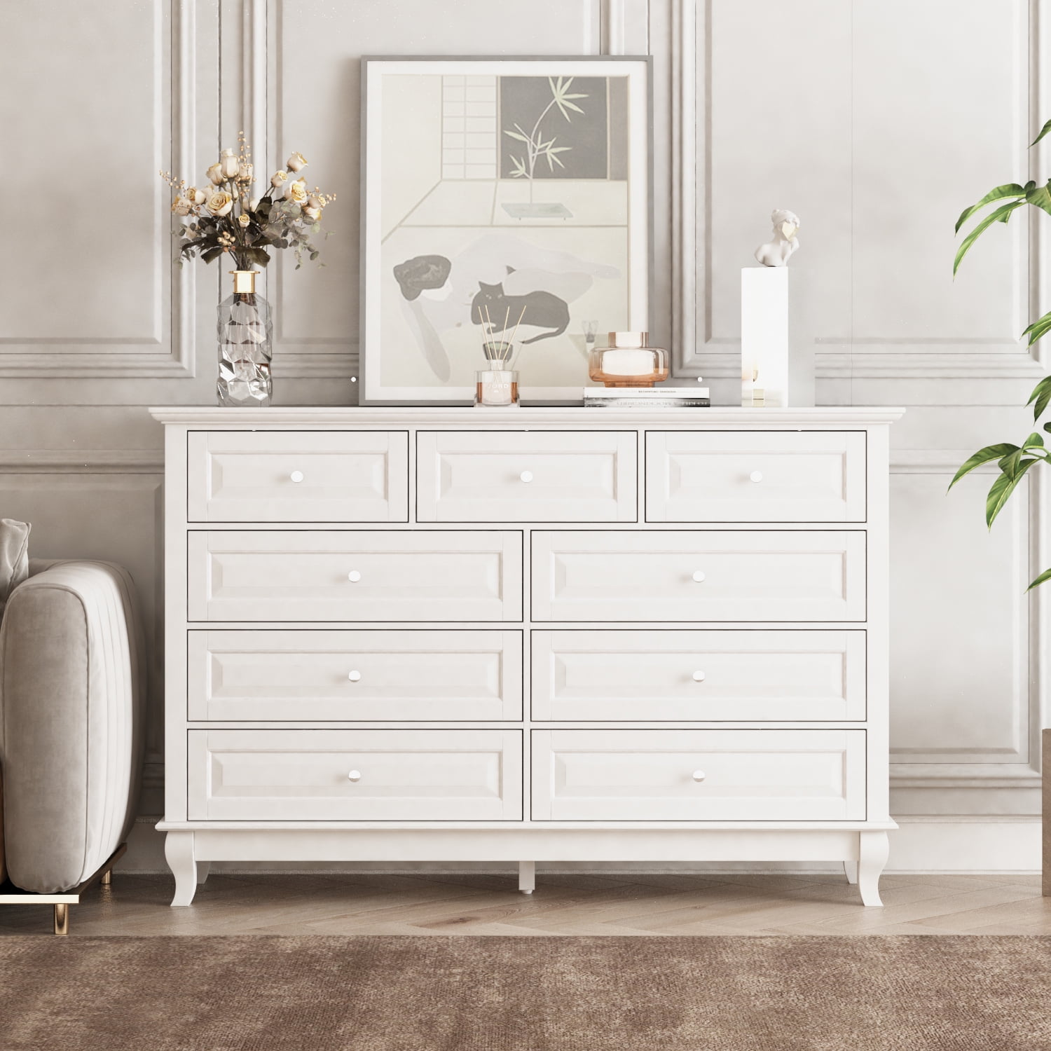 WIawg 9 Drawer Dresser with Carved Drawer Fronts & Solid Legs, 55.1" L  White Modern Wood Storage Chest of Drawers for Bedroom, Living Room &  Fitting Room - Walmart.com