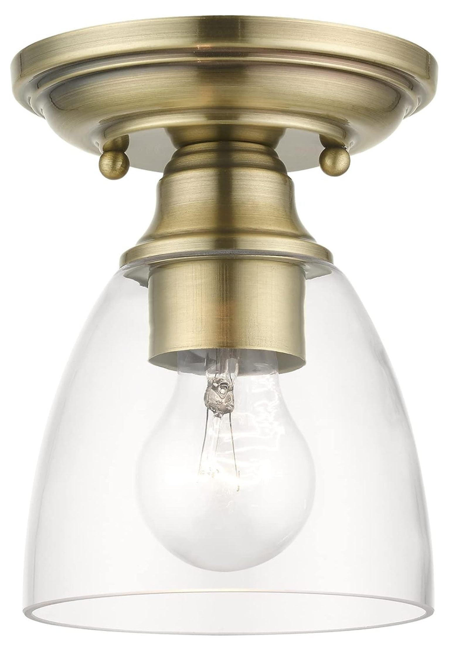 Antique Brass Elegance 1-Light Flush Mount with Hand-Blown Clear Glass