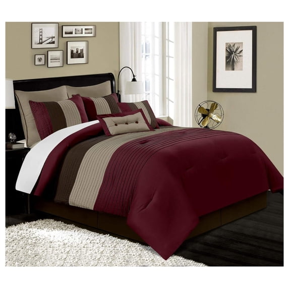 WIixle Loft 8-Piece Luxury Striped Comforter Set (King, Burgundy/Coffee/Brown)