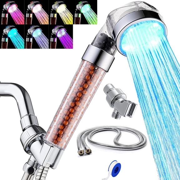 IMMEKEY Shower Head LED Color Changing 7 Colors, Filter Water Saving Spray Handheld Shower Head with Hose and Base