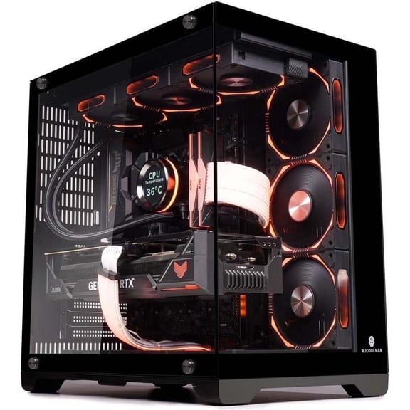 WJCOOLMAN Lonely Warrior PRO Black Computer Case Panoramic Version 2 Sides Transparent Glass Gaming Chassis Support 10 Fan Positions 360 AIO Support ATX/M-ATX Gming Case High-Airflow Design