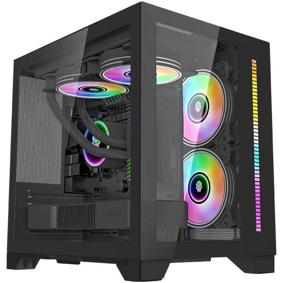 WJCOOLMAN Mini PC Case M-ATX/ITX Sea View Room Dual Tempered Glass Gaming Computer Case, 240mm AIO Support, High Airflow, Black (No Fans Included)