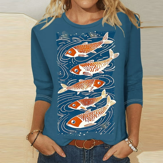 WJHWSX 3/4 Length Sleeve Womens Tops,Going Out Tops for Women,Breathable,Crew Neck,Printed,Multicolor,M