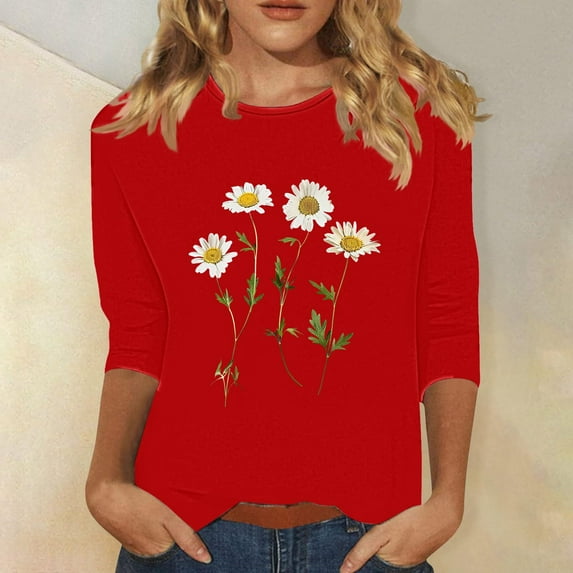 WJHWSX 3/4 Length Sleeve Womens Tops,Going Out Tops for Women,Breathable,Crew Neck,Printed,Red,3XL